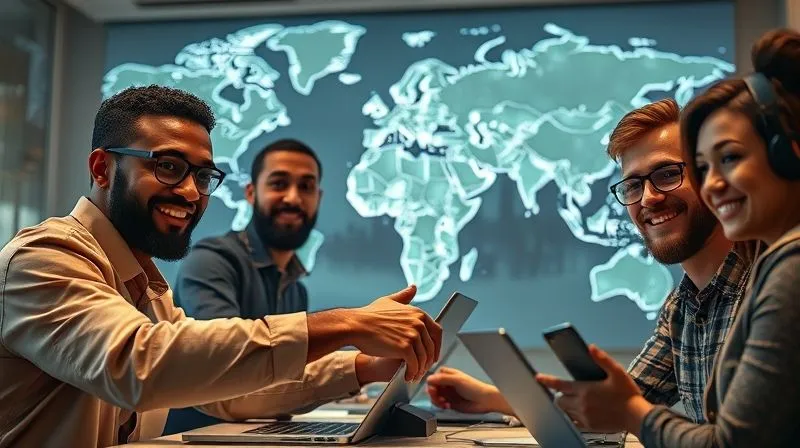 A photorealistic, professional photography, 8K, cinematic lighting, sharp focus, depth of field, shot on a high-end DSLR of a diverse group of digital nomads from different corners of the world, connected virtually on a glowing, interconnected network map projected onto a modern, minimalist workspace. Their faces show determination and collaboration, with subtle reflections of cityscapes and nature in the background, symbolizing global reach. One nomad is making a successful virtual handshake gesture, while others are actively engaging with their devices.
