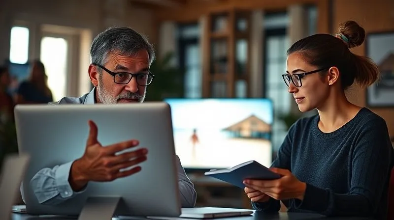 A photorealistic, professional photography, 8K, cinematic lighting, sharp focus, depth of field, shot on a high-end DSLR of a virtual mentor-mentee session. Two diverse individuals, one experienced-looking (the mentor) and one younger (the mentee), are interacting through glowing screens. The mentor is gesturing supportively, and the mentee is intently listening, taking notes. The background shows a blend of home office and remote beach scenes, symbolizing their nomadic connection. The atmosphere is collaborative and inspiring.