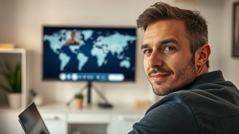 A photorealistic, professional photography, 8K, cinematic lighting, sharp focus, depth of field, shot on a high-end DSLR of a confident digital nomad making a virtual request. The individual is on a video call, looking directly at the camera with an open, genuine expression. The screen shows another person nodding in understanding. The background is a clean, modern home office with a subtle map of the world, emphasizing global connections. The lighting is soft and inviting, highlighting genuine human interaction.