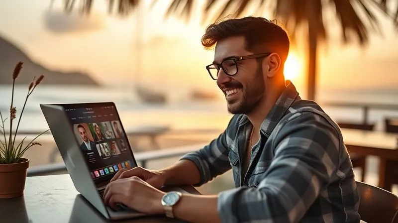 A photorealistic, professional photography, 8K, cinematic lighting, sharp focus, depth of field, shot on a high-end DSLR of a successful digital nomad, smiling confidently while looking at a laptop screen, which displays a vibrant network of connected profiles. The nomad is in a beautiful, inspiring remote location (e.g., a serene beachside cafe or a mountain view co-working space), symbolizing freedom and achievement. The atmosphere is optimistic and empowering, with golden hour light casting a warm glow.