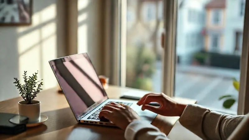 A photorealistic image of a minimalist desk setup in a cozy, sunlit room, with a laptop open and a focused person's hands on the keyboard. A small plant and a cup of tea are neatly placed. The background shows a blurred window view of a quiet, picturesque street, conveying a sense of calm and concentration. Cinematic lighting, sharp focus on the desk, depth of field blurring the background, 8K hyper-detailed, professional photography, shot on a high-end DSLR.
