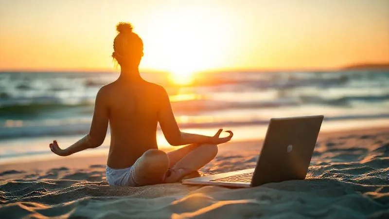 A photorealistic image of a person meditating peacefully on a beach at sunrise, with a laptop closed beside them, symbolizing digital detox and mental clarity. The warm, golden light bathes the scene, creating a serene and inspiring atmosphere. Cinematic lighting, sharp focus on the person, depth of field blurring the ocean, 8K hyper-detailed, professional photography, shot on a high-end DSLR.