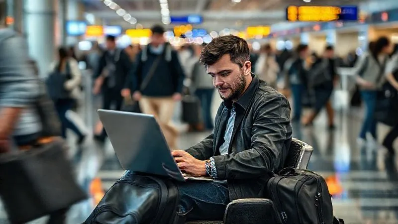 A photorealistic image of a person calmly working on a laptop in a bustling airport lounge, surrounded by movement and change, yet maintaining focus. A backpack is neatly placed beside them, symbolizing readiness for adaptation. Cinematic lighting, sharp focus on the person and laptop, depth of field blurring the background, 8K hyper-detailed, professional photography, shot on a high-end DSLR.