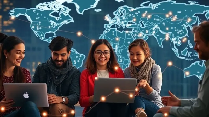 Photorealistic image of a diverse group of digital nomads collaborating online, each in a different iconic global location, with glowing lines connecting them, symbolizing global connectivity and knowledge sharing. Cinematic lighting, 8K.