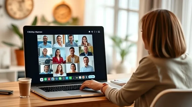 A photorealistic, professional photography, 8K image of a vibrant online webinar interface on a laptop screen, showing a diverse group of participants from around the world, engaging with an expert presenter. The presenter is a confident digital nomad, speaking from a beautifully lit home office with subtle travel mementos. Cinematic lighting, sharp focus on the screen and presenter, depth of field blurring the background.