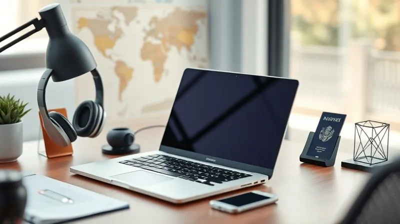 Photorealistic image of a sleek, modern workstation setup for a digital nomad, featuring a high-resolution laptop, noise-cancelling headphones, and a minimal desk organizer with a passport and a world map in the background. The scene is well-lit with natural light, sharp focus on the tech, depth of field. 8K, professional photography.