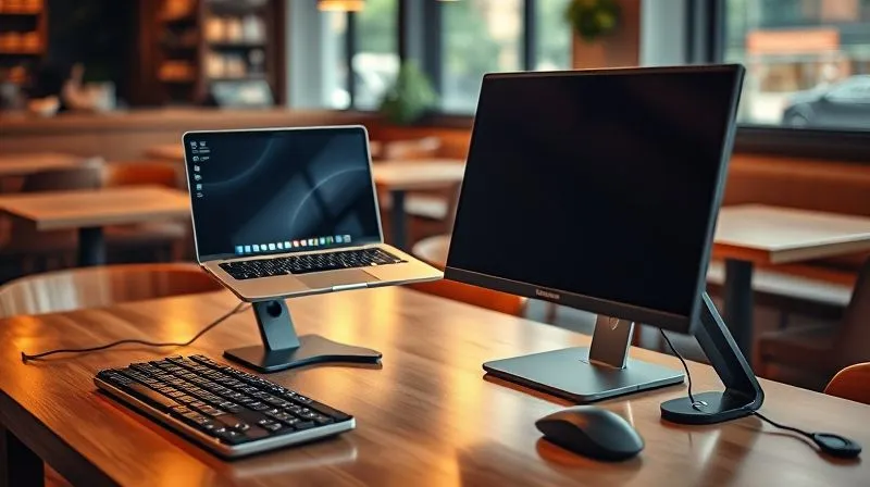 A photorealistic, professional photography of a digital nomad's mobile workspace setup: a laptop on an ergonomic stand, external keyboard, mouse, and a portable monitor, all neatly arranged on a wooden table in a well-lit cafe with a blurred background. Cinematic lighting, sharp focus on the equipment, 8K hyper-detailed.