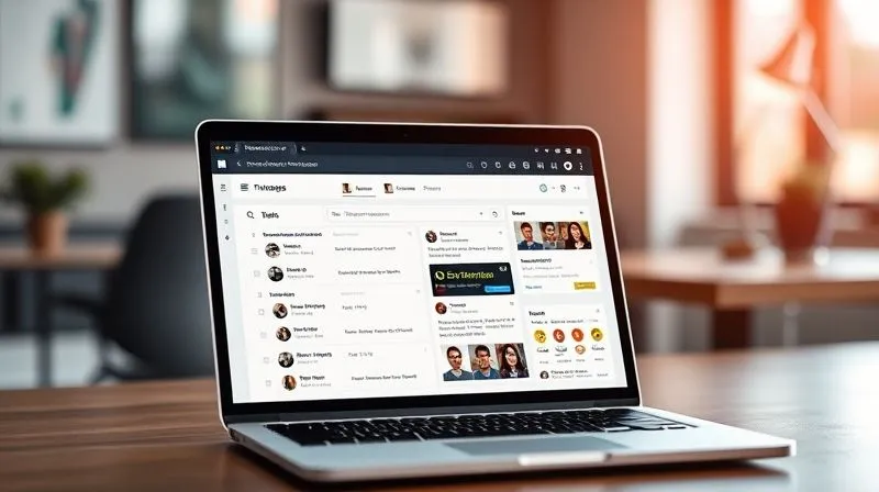A photorealistic image showing a clean, modern interface of a project management software (e.g., Asana or Trello) on a laptop screen, with tasks, deadlines, and team members clearly visible. The screen is brightly lit, surrounded by a subtle blur of a contemporary workspace. Professional photography, 8K, cinematic lighting, sharp focus.