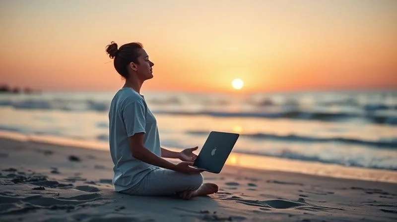 A photorealistic image of a digital nomad practicing mindfulness meditation on a tranquil beach at sunrise, laptop closed beside them. The scene conveys peace, balance, and well-being. Cinematic lighting, sharp focus on the person, depth of field blurring the ocean, 8K hyper-detailed, professional photography.
