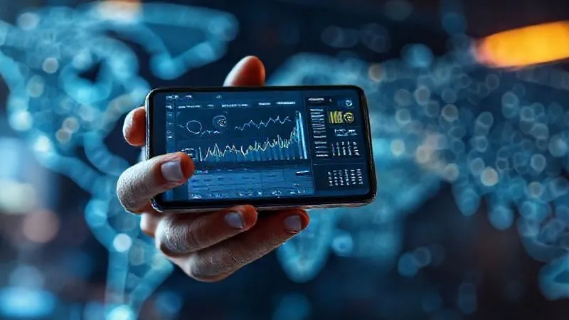 Photorealistic image of a digital nomad holding a smartphone displaying a complex financial dashboard with graphs and currency symbols, set against a blurred background of a global map with glowing connections, cinematic lighting, sharp focus on the phone and hands, depth of field, 8K hyper-detailed, shot on a high-end DSLR.