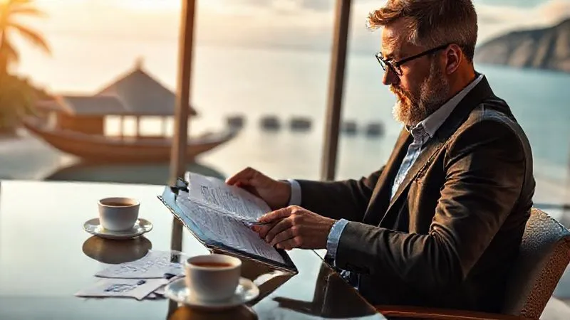 Photorealistic image of a digital nomad thoughtfully reviewing tax documents and a financial app on a tablet, with a cup of coffee and a blurred exotic travel destination in the background, cinematic lighting, sharp focus on the tablet and documents, depth of field, 8K hyper-detailed, shot on a high-end DSLR.