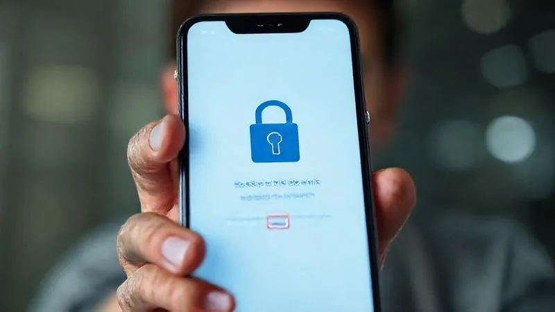 Photorealistic image of a secure digital interface on a smartphone screen, prominently displaying a strong padlock icon and biometric authentication prompt, with a blurred, concerned but relieved face of a digital nomad in the background, cinematic lighting, sharp focus on the screen, depth of field, 8K hyper-detailed, shot on a high-end DSLR.