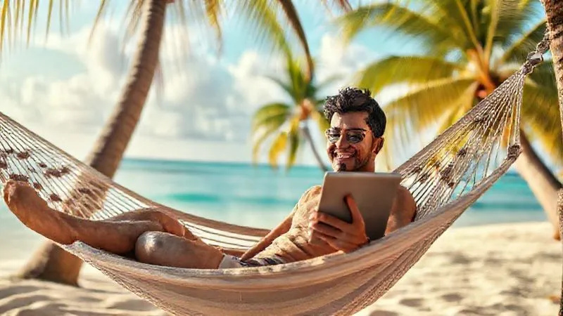 Photorealistic image of a joyful digital nomad relaxing in a hammock on a tropical beach, effortlessly managing their finances on a sleek tablet, with a serene ocean view and palm trees, cinematic lighting, sharp focus on the nomad and tablet, depth of field, 8K hyper-detailed, shot on a high-end DSLR.