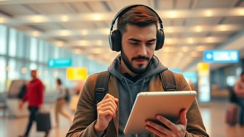A photorealistic image of a digital nomad wearing headphones, intensely focused on a language learning app on their tablet, surrounded by a vibrant, bustling but slightly blurred international airport lounge. Cinematic lighting, sharp focus on the nomad and tablet, depth of field blurring the background. 8K hyper-detailed, professional photography, shot on a high-end DSLR.