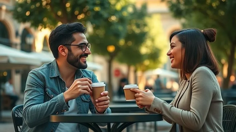A photorealistic, professional photography of two diverse individuals, a local and a digital nomad, engaged in a lively conversation over coffee in a charming, sunlit European plaza. Their expressions are animated, indicating successful communication. Cinematic lighting, sharp focus on the people, depth of field blurring the plaza's background. 8K hyper-detailed, shot on a high-end DSLR.