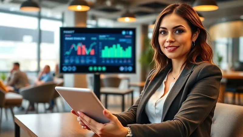 A photorealistic image of a woman, Sofia, in a modern co-working space, looking confident while presenting financial data on a screen to diverse clients via video call. She has a tablet open next to her, subtly showing language learning flashcards. Cinematic lighting highlights her professional demeanor, sharp focus, depth of field blurring the background, 8K hyper-detailed.