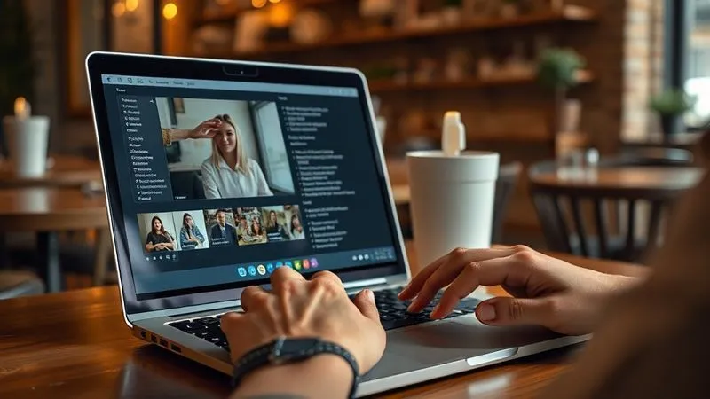 A photorealistic image of a digital nomad's hand typing on a laptop, with a split screen showing a video conference on one side and a meticulously organized digital glossary on the other, filled with highlighted terms and contextual notes. The setting is a cozy café, bathed in warm, soft light. Professional photography, 8K, cinematic lighting, sharp focus on the screen and hands, depth of field blurring the background, conveying productivity and focused learning.