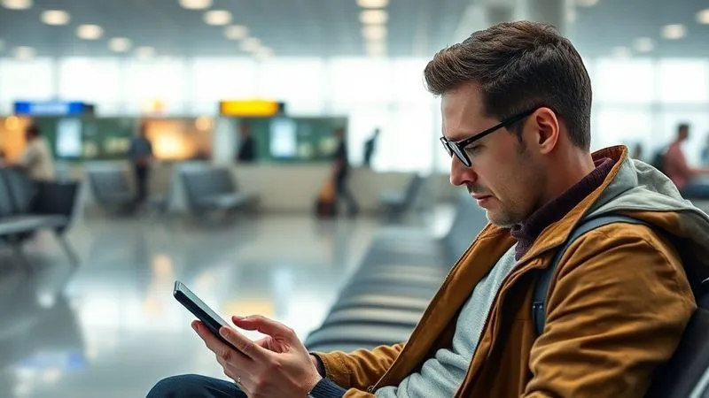 A photorealistic image of a digital nomad, male, focused on his phone, reviewing digital flashcards with professional vocabulary, while waiting in a modern, minimalist airport lounge. The scene is calm but suggests movement. Cinematic lighting, sharp focus on the phone and his face, depth of field blurring the background, 8K hyper-detailed, conveying efficiency and continuous learning on the go.