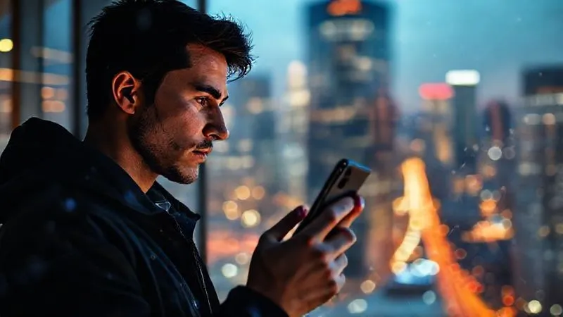 Photorealistic image of a digital nomad looking thoughtfully at a blurred cityscape through a window, holding a smartphone, with abstract lines representing digital connections and data flow around them, cinematic lighting, sharp focus on the nomad's face, depth of field, 8K hyper-detailed, professional photography, shot on a high-end DSLR.