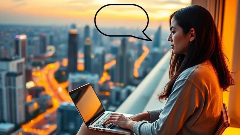 A lone digital nomad, a young woman with a laptop open, sitting on a balcony overlooking a vibrant cityscape at sunset. She looks thoughtful, a speech bubble above her head is faded and empty, symbolizing a lack of conversational practice. The scene evokes a sense of quiet determination amidst a transient lifestyle. Photorealistic, professional photography, 8K, cinematic lighting, sharp focus, depth of field, shot on a high-end DSLR.