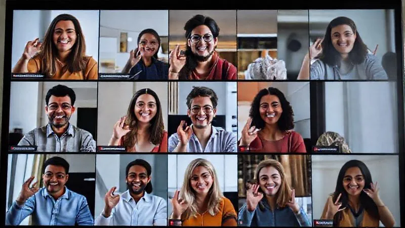 A diverse group of people from different nationalities on a video call, each in their own screen segment, actively engaging in a language learning platform. They are smiling and gesturing, creating a sense of global connection and productive exchange. Photorealistic, professional photography, 8K, cinematic lighting, sharp focus, depth of field, shot on a high-end DSLR.