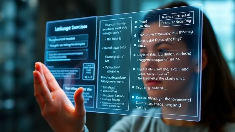 A person interacting with a futuristic, translucent holographic interface that displays language learning exercises and real-time feedback. The interface shows phonetic analysis and suggested phrases, creating an immersive and high-tech learning environment. Photorealistic, professional photography, 8K, cinematic lighting, sharp focus, depth of field, shot on a high-end DSLR.
