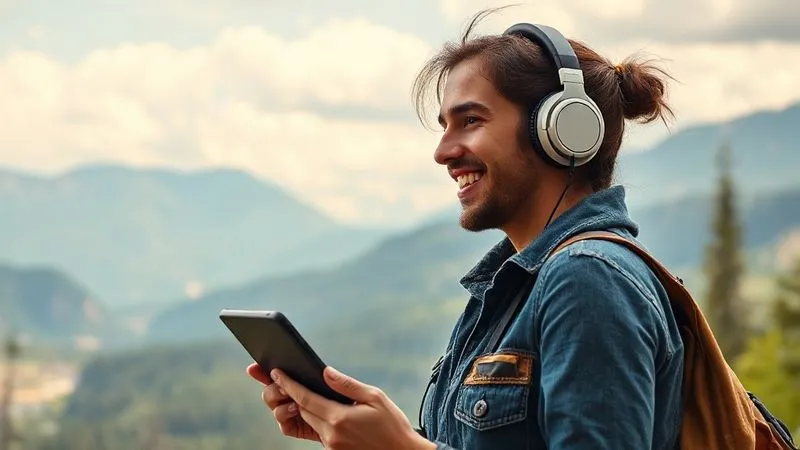 A digital nomad with headphones on, smiling and looking out at a stunning natural landscape (e.g., mountains, beach, forest), with a tablet showing a language learning app. The scene conveys a sense of peace, accomplishment, and seamless integration of learning into a free-spirited lifestyle. Photorealistic, professional photography, 8K, cinematic lighting, sharp focus, depth of field, shot on a high-end DSLR.