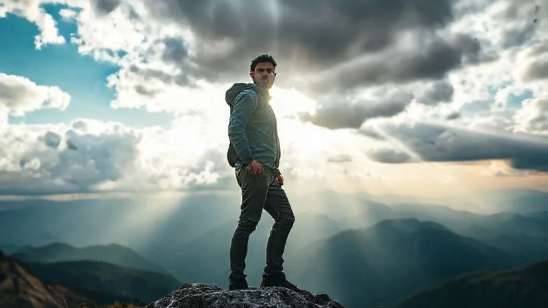 A photorealistic image of a resilient person standing firm against a strong wind on a mountaintop, with a clear, determined gaze. The background shows a dynamic sky with both storm clouds and rays of sunshine breaking through, symbolizing overcoming adversity. Cinematic lighting, sharp focus on the person, depth of field blurring the distant mountains. 8K hyper-detailed, shot on a high-end DSLR.