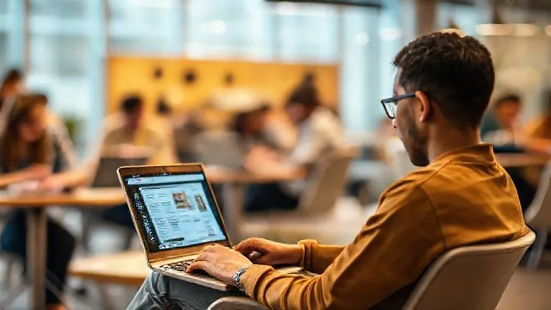 A photorealistic image of a person sitting in a vibrant co-working space, engrossed in learning from a laptop, with a diverse group of people from different backgrounds working around them. The scene conveys a sense of global connectivity and continuous learning. Cinematic lighting, sharp focus on the laptop screen showing learning material, depth of field blurring the background. 8K hyper-detailed, shot on a high-end DSLR.