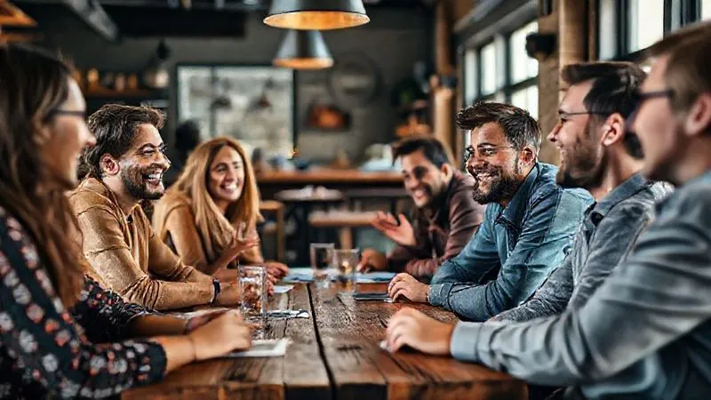 A photorealistic image of a diverse group of digital nomads, smiling and engaged in a lively discussion around a rustic wooden table in a co-working café. One person, an experienced mentor figure, is gesturing while others listen attentively, symbolizing community and shared learning. Warm, natural lighting, sharp focus on the group, depth of field blurring the background. 8K hyper-detailed, shot on a high-end DSLR.