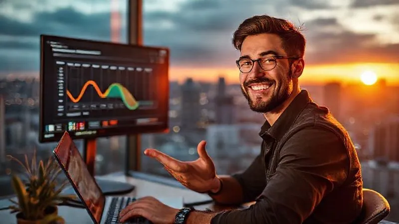 A photorealistic image of a successful digital nomad, Lucas, giving an online presentation from a vibrant co-working space overlooking a cityscape at sunset. He is smiling confidently, gesturing towards a screen displaying a complex project timeline and diverse income streams. Cinematic lighting, sharp focus on Lucas, depth of field blurring the city. 8K hyper-detailed, shot on a high-end DSLR.