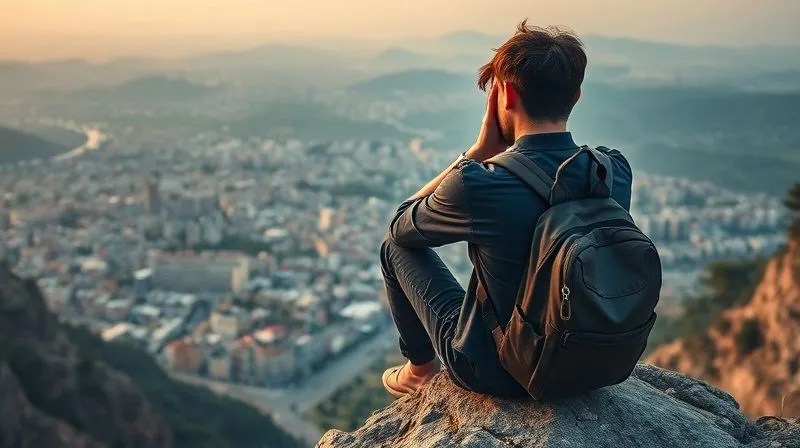 A photorealistic, professional photography, 8K, cinematic lighting, sharp focus, depth of field, shot on a high-end DSLR of a person with a backpack, sitting on a cliff overlooking a vast, changing landscape (part city, part nature), with their head in their hands, looking overwhelmed by the diverse stimuli. The scene has a slightly chaotic but beautiful feel, emphasizing mental struggle amidst beauty. No text or logos.