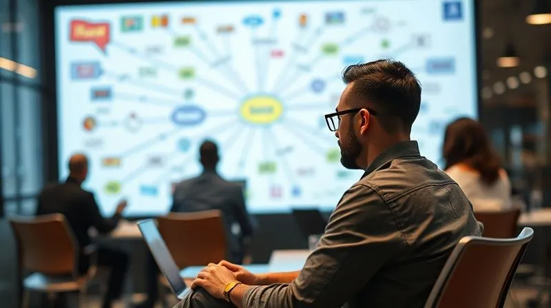 A photorealistic, professional photography, 8K, cinematic lighting, sharp focus, depth of field, shot on a high-end DSLR of a digital nomad sitting in a co-working space, intensely focused on a large digital whiteboard displaying a complex, colorful mind map with various ideas and connections. Other blurry figures are in the background, suggesting a collaborative environment. The screen shows dynamic, interactive elements. No text or logos.