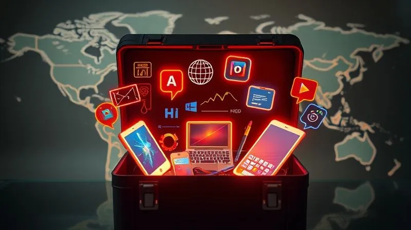 A photorealistic, professional photography, 8K, cinematic lighting, sharp focus, depth of field, shot on a high-end DSLR of a sleek, modern digital toolbox open, revealing various glowing, abstract digital tools and interfaces, symbolizing innovative learning. The background is a soft blur of a global map, representing the nomadic lifestyle. The tools are vibrant and futuristic, suggesting efficiency and creativity. No text or logos.
