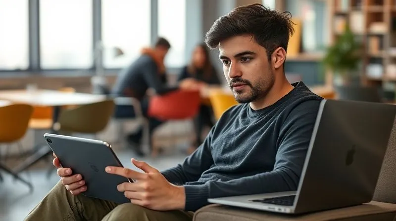 A photorealistic image of a digital nomad sitting in a vibrant co-working space, surrounded by multiple open language learning apps on a tablet, a smartphone, and a laptop. The apps display different interfaces for vocabulary, grammar, and conversation. There's a subtle glow from the screens, indicating active engagement. photorealistic, professional photography, 8K, cinematic lighting, sharp focus on the technology and the nomad's focused expression, depth of field blurring the background, shot on a high-end DSLR.