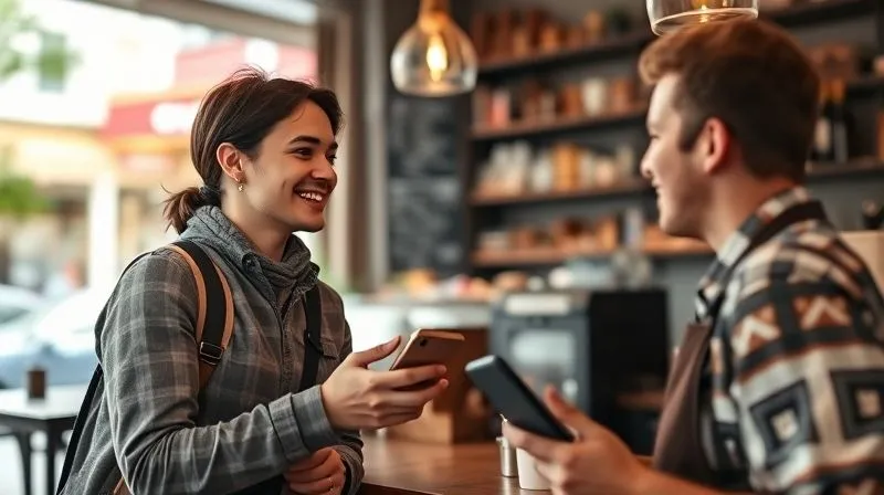 A photorealistic image of a digital nomad ordering coffee at a local cafe in a foreign country, confidently speaking the local language. The barista is smiling, engaged in the conversation. A language learning app is subtly visible on the nomad's phone, suggesting recent practice. The scene is warm and inviting, capturing a successful real-world application of language skills. photorealistic, professional photography, 8K, cinematic lighting, sharp focus on the interaction, depth of field blurring the background, shot on a high-end DSLR.