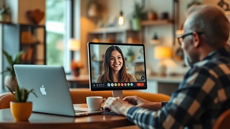 A photorealistic image of a digital nomad engaged in a video call with a friendly language tutor on a laptop, both smiling and interacting. The nomad is in a cozy, well-lit cafe, and the tutor's background suggests a professional, home-based studio. The scene conveys connection, personalized learning, and effective communication. photorealistic, professional photography, 8K, cinematic lighting, sharp focus on the faces and screens, depth of field blurring the background, shot on a high-end DSLR.