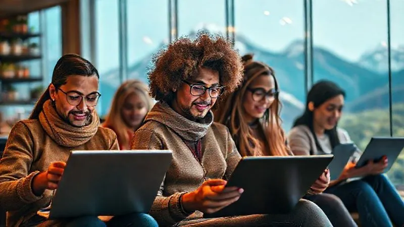 A photorealistic image showing a diverse group of digital nomads, each in a different vibrant location (e.g., a bustling cafe, a serene mountain top, a cozy co-working space), all simultaneously engaged with various digital learning tools on their laptops and tablets. The scene is full of bright, warm light, sharp focus on their faces showing concentration and engagement, with a subtle glow emanating from their screens, suggesting knowledge being absorbed. Cinematic lighting, depth of field, 8K hyper-detailed, professional photography, shot on a high-end DSLR.