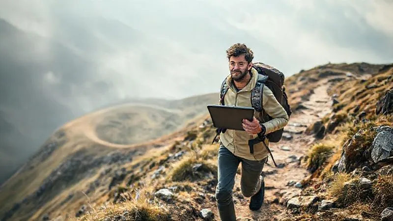 A photorealistic image depicting a digital nomad confidently navigating a challenging, winding mountain path, with a tablet in hand displaying a complex map or a learning interface. The atmosphere is slightly misty but clearing, symbolizing overcoming obstacles. The nomad's expression is determined and focused. Cinematic lighting, sharp focus on the nomad and the tablet, depth of field blurring the rugged mountain background, 8K hyper-detailed, professional photography, shot on a high-end DSLR.