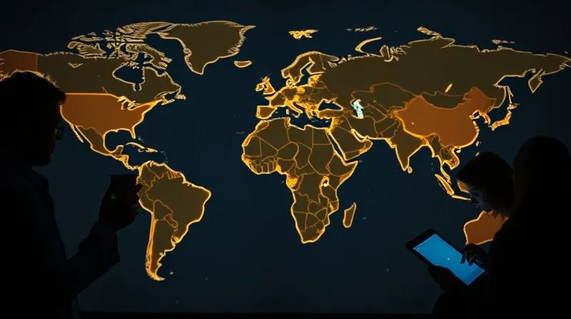 A photorealistic image of a world map dimly lit, with glowing digital lines connecting different continents, representing diverse time zones. Overlayed are silhouettes of exhausted individuals holding coffee cups, and others actively participating with bright screens, illustrating the contrast of time zone challenges. Professional photography, 8K, cinematic lighting, sharp focus, depth of field, shot on a high-end DSLR.