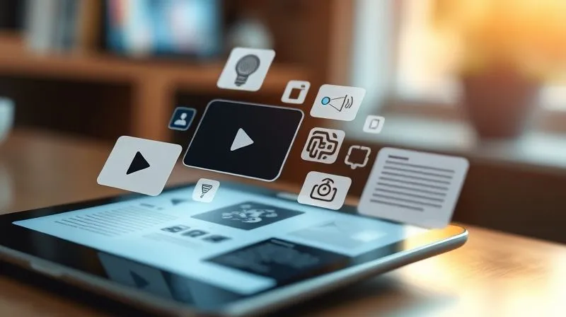 A photorealistic image of a digital mosaic of diverse content formats: a small video player, an infographic, a podcast icon, and a short article snippet, all arranged modularly on a tablet screen, symbolizing adaptive learning. Cinematic lighting, sharp focus, depth of field, 8K hyper-detailed.