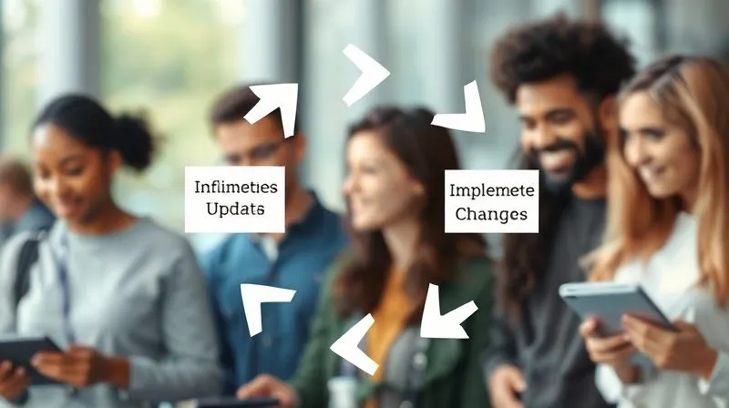 A photorealistic image of a cyclical diagram illustrating a feedback loop: 'Collect Feedback' -> 'Analyze Data' -> 'Implement Changes' -> 'Communicate Updates', with arrows indicating continuous flow. The diagram is clean, modern, and visually engaging, set against a backdrop of diverse digital learners. Professional photography, 8K, cinematic lighting, sharp focus, depth of field, shot on a high-end DSLR.