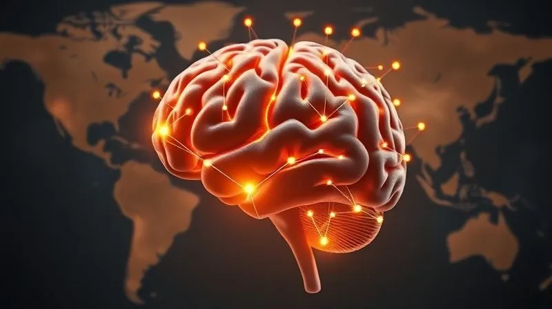 A photorealistic, professional photography, 8K, cinematic lighting, sharp focus, depth of field, shot on a high-end DSLR. A stylized human brain glowing with interconnected nodes representing different cultures and concepts like empathy, adaptability, and knowledge. The background is a subtle, blurred world map, symbolizing global reach and understanding. The image should convey the idea of 'Cultural Intelligence' as a complex, dynamic mental faculty.