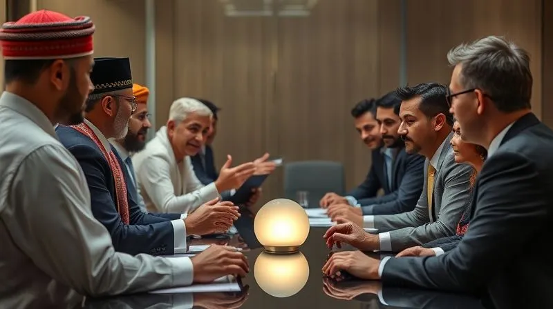 Photorealistic, professional photography, 8K, cinematic lighting, sharp focus, depth of field, shot on a high-end DSLR. A diverse group of business people, some dressed in traditional attire and others in modern business suits, are gathered around a table. They are engaged in a discussion, some gesturing subtly, others listening intently. The atmosphere is collaborative and respectful, symbolizing cultural adaptation and successful negotiation. A subtle glow emanates from the center of the table, representing shared understanding.