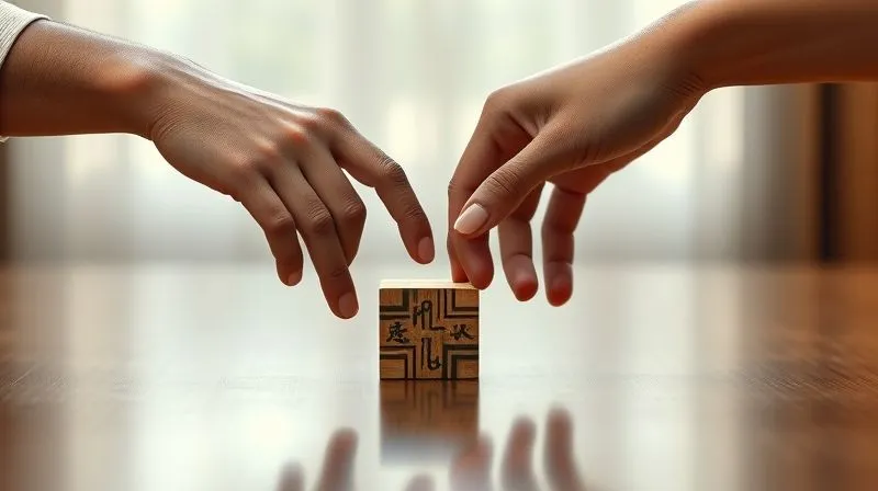 Photorealistic, professional photography, 8K, cinematic lighting, sharp focus, depth of field, shot on a high-end DSLR. Two hands, one visibly different from the other (e.g., different skin tone, subtle cultural jewelry), are gently pushing a small, intricately designed wooden block towards the center of a table, symbolizing a mutual concession or compromise in a negotiation. The background is softly blurred, focusing on the hands and the block, conveying a sense of delicate balance and agreement. The lighting is soft and reflective.