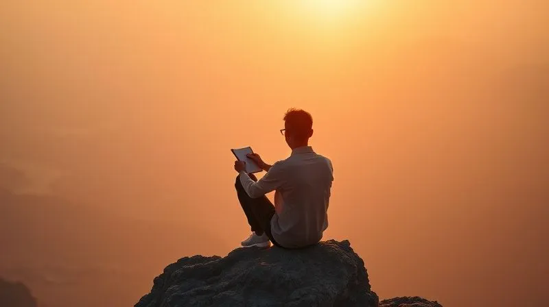 Photorealistic, professional photography, 8K, cinematic lighting, sharp focus, depth of field, shot on a high-end DSLR. A lone, thoughtful figure sits on a cliff overlooking a vast, beautiful landscape at sunrise, holding a journal and pen. The person, a modern-day digital nomad, is reflecting and learning, symbolizing continuous growth, resilience, and adaptability in a global context. The lighting is soft and inspiring, with warm hues. There's a subtle, almost ethereal glow around the figure, suggesting deep thought and insight.
