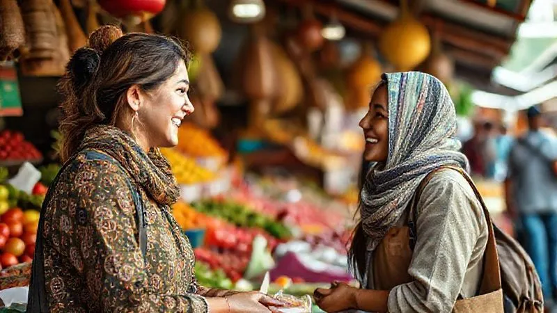 Photorealistic image of a young nomad woman, mid-20s, actively engaged in a lively conversation with a local market vendor in a foreign country, both smiling. The background is a vibrant, colorful market scene with fresh produce. Cinematic lighting, sharp focus on their interaction, depth of field blurring the background, 8K hyper-detailed.