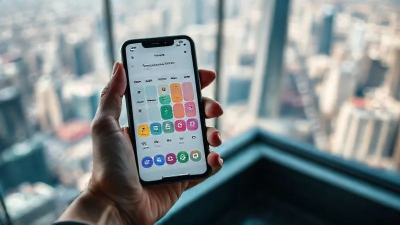 Photorealistic, professional photography, 8K, cinematic lighting, sharp focus, depth of field, shot on a high-end DSLR. A hand holding a smartphone displaying a flexible, color-coded calendar or habit tracker app, with icons representing language learning activities. The background is a blurred, vibrant cityscape seen from a high-rise window, suggesting a nomadic lifestyle. The hand has a subtle, determined grip.