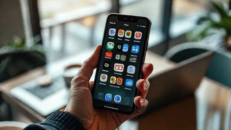 Photorealistic, professional photography, 8K, cinematic lighting, sharp focus, depth of field, shot on a high-end DSLR. A close-up of a hand holding a smartphone, displaying various language learning app icons on the screen (e.g., Duolingo, Anki, iTalki). The background is a softly blurred, modern cafe interior with a laptop and a cup of coffee, suggesting a digital nomad's workspace. The focus is sharp on the phone screen, with subtle reflections.