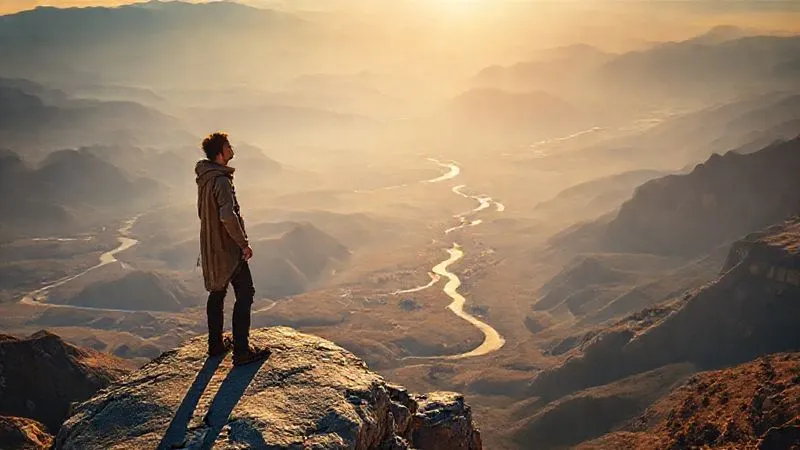 Photorealistic, professional photography, 8K, cinematic lighting, sharp focus, depth of field, shot on a high-end DSLR. A lone nomad, standing on a slightly elevated, flat rock formation (metaphorical plateau) overlooking a vast, beautiful valley with winding rivers and distant mountains. The nomad has a determined, hopeful expression, looking towards the horizon. The lighting is golden hour, casting long, inspiring shadows, conveying a sense of overcoming a challenge and looking forward to the journey ahead.
